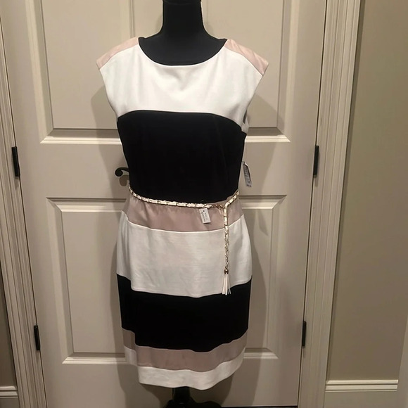 Dress Barn NWT Belted Sleeveless Dress White Tan and Black Size 12 - Picture 1 of 4